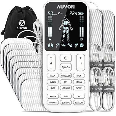 AUVON 4 Outputs TENS Unit Muscle Stimulator with 24 Modes & Intuitive Operation Design, FSA & HSA Eligible, TENS Machine with 10 TENS Pads, Electronic Pulse Massager for Back Pain Relief Therapy | TENS Machine with 10 TENS Pads, Electronic Pulse Massager for Lower Back, Shoulder, Sciatica Drug-free