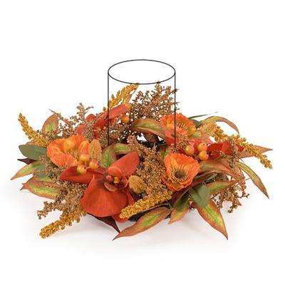 WELL KNOWN Artificial Flower Candle Rings Wreath, 12" Small Orange Orchid and Poppy Wreath for Candles & Candleholders, Dining Table Centerpieces for Home Party & Hanging Decor