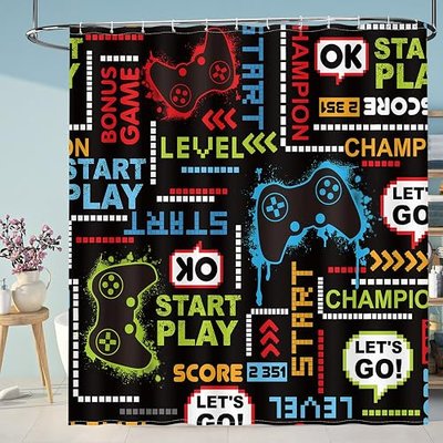 Aimego Game Gaming Kids Shower Curtain - Video Games Gamepad Controller Gamer Cool Shower Curtains Set with 12 Hooks for Adults Boys Bathroom Decor Accessories, 72"x72"