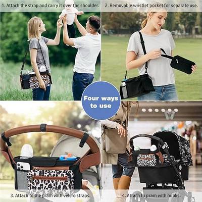 Baby Stroller Organizer, Universal Stroller Organizer with Detachable Phone Bag, Stroller Caddy with 2 Insulated Cup Holders, Buggy Organizer Bag with 2 Hooks Fits Most Strollers (Leopard)