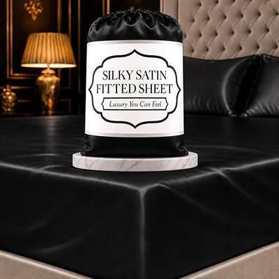 DECOLURE Satin Fitted Sheet Queen Size (1 PC) – Luxuriously Smooth & Softer Than Silk Bed Sheets w/ 15 Inch Deep Pocket Hypoallergenic Wrinkle Free, Secure Snug Fit, Elastic Corner Straps (Black)