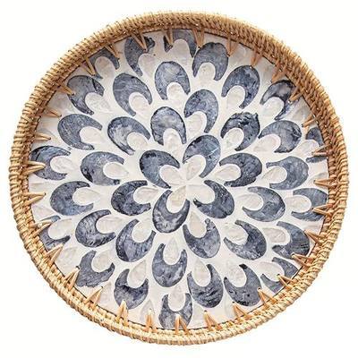 14 inch Round Rattan Tray Home Decor, Wicker Serving Tray with Mother of Pearl Inlay, Boho Decorative Tray for Coffee Table, Display, Ottoman, Kitchen Table, Bathroom (Coastal Blue)