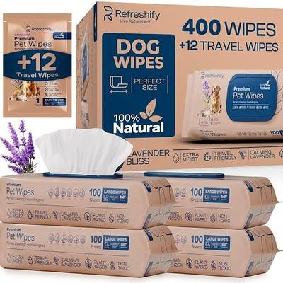 REFRESHIFY Dog Wipes for Paws and Butt - Plant Based Lavender Scented (Pack of 400) - Pet Wipes for Dogs and Cats - Deodorizing Non Toxic Dog Wipes, +12 Additional Travel Wipes