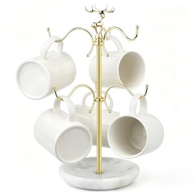 BCS Mug Holder with Marble Base - 6 Hooks Mug Rack Coffee Cup Storage Tree Jewelry Display Stand Holder for Countertop