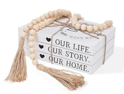 Decorative Books for Home Decor, Faux Books for Decoration, Rustic Farmhouse Decor, Fake Books with 52in Wood Beads Garland, Book Decor for Living Room Coffee Table (Our Life, Our Story, Our Home)