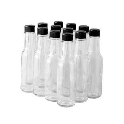 FastRack Woozy Bottle 5 oz (Pack of 12) | Small Hot Sauce Bottles for Canning | Empty Clear Glass Sauce Bottle with Black Plastic Caps | Leakproof Cap - No Dripper Included