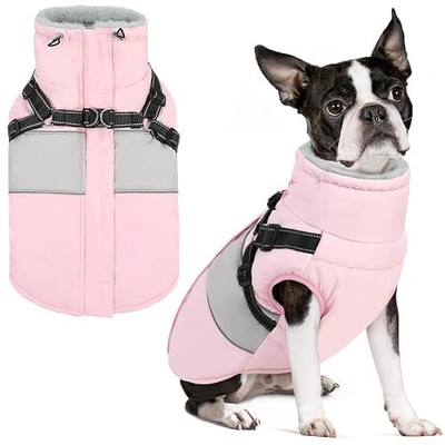 Dog Winter Coat, Waterproof Dog Coat Jacket with Harness for Medium Breeds Boys Girls, Reflective Fleece Lined Pet Snow Jacket Sweaters for Pug, Jack Russel, Boston Terrier, Pink M