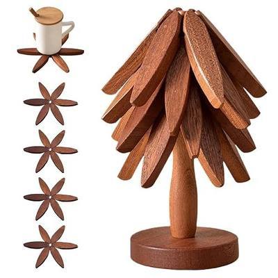 Wooden Trivets for Hot Dishes, Tree Shape Trivet Set, 4 Walnut Wood + 1 Stand stored Like a Christmas Tree,Foldable Kitchen Wooden Trivet,for Hot Dishes、Pot、Bowl、Teapot、Hot Pot Holder(Brown)