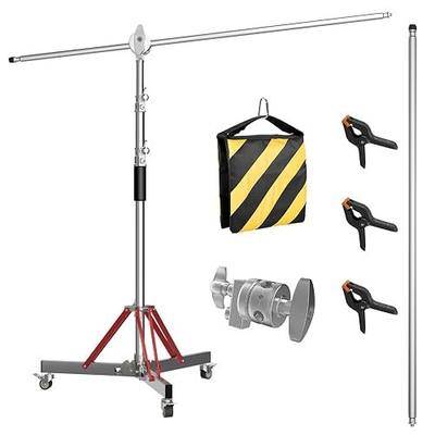LOMTAP C Stand with Boom Arm, Stainless Steel Photography Heavy Duty Light Stand, 10ft/3m Adjustable Height, Mobile Wheeled Base with Spring Buffer for Studio Equipment
