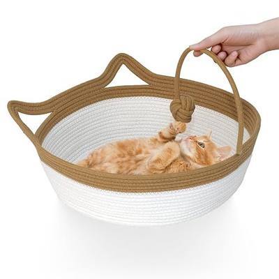 Cotton Rope Woven Cat Bed, Pet Sleeping Bed with a Playing Rope Ball, Foldable Sleeping Basket for Cats, Puppies, Rabbits and Small Pets (Large, Brown & Beige)