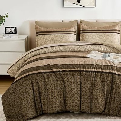 WONGS BEDDING 7 Pieces Comforter Set Queen Size, Dark Grey Black Striped Bed in a Bag Comforter and Sheet Set, Minimalist Geometric Soft Lightweight Micorfiber Bedding Set for All Season (90"×90")
