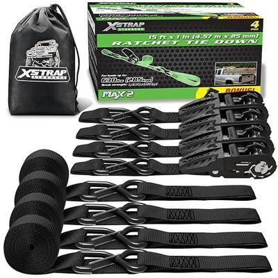 XSTRAP STANDARD 1''x15Ft Ratchet Tie Down Straps 4PK, Integrated Soft Loops | 1890 Lbs Break Strength Black Cargo Straps w/ Padded Handles & Coated Safety Clip for Motorcycle Truck ATV Moving Appliances