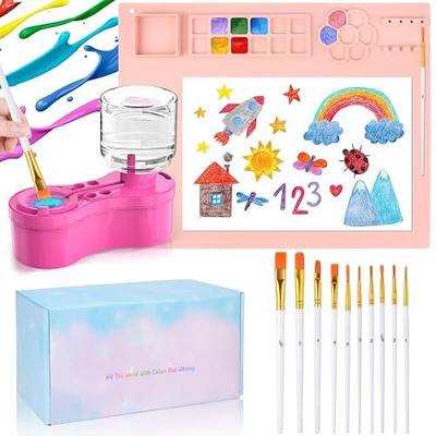 Mikiwon Painting Station, Paint Brush Cleaner and Silicone Art Mat 20"X16" with 10 Paint Brushes, Paint Brush Rinser, Art Supplies Set (Pink)