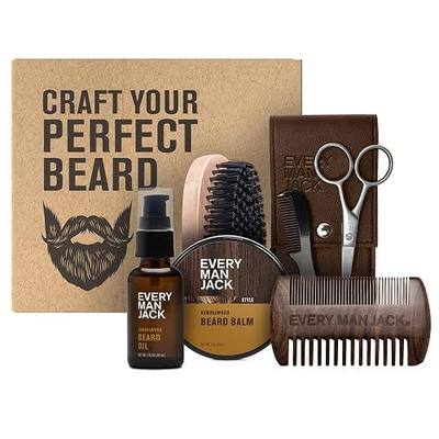 Every Man Jack Beard Care Gift Set for Men – Complete Grooming Kit with Beard Oil, Balm, Brush, Dual-Sided Comb, Trimming Scissors & Mustache Comb - Sandalwood Scent