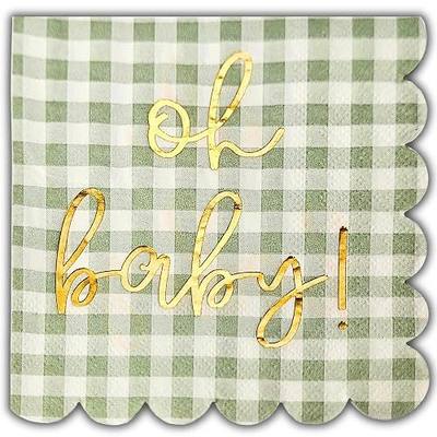 Cloverjoyed 'Oh Baby' Baby Shower Decorations, 50 Pack, Gold Oh Baby Napkins in Plaid Sage Green Pattern, Scalloped Edges, Sage Green Baby Shower Napkins, Neutral Gender Reveal Decorations