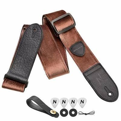 Nefelibata Guitar Strap,Double Full-Grain Leather Ends,Vintage Velvet Strap/FREE BONUS-4 Picks+Strap Locks+Strap Button,Gift For Bass,Electric&Acoustic Guitars(Vintage Coffee Brown)