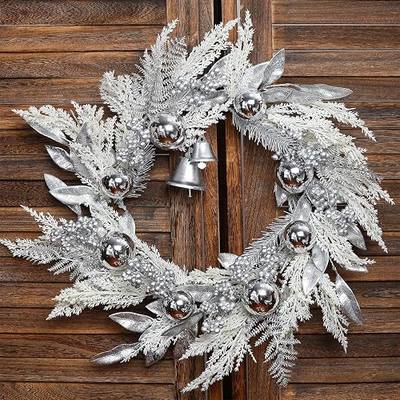 20" Silver Christmas Wreaths for Front Door, Silver Berry Leaves Bells Balls Xmas Wreath with White Fake Pampas Grass, Door Reef for Windows Fireplaces Walls, Front Porch Indoor and Outdoor
