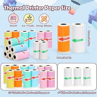 15 Rolls Thermal Mini Printer Paper for Inkless Mini Printer, 3 Rolls WhiteThermal Sticky Paper & 12 Rolls Colorful Thermal Sticky Paper, 57X25mm, for Notes Journal Memo Photo Study