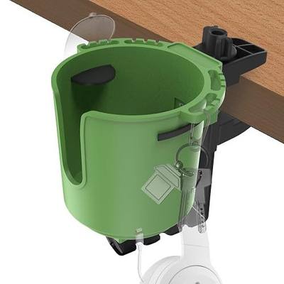 2-in-1 Desk Cup Holder Clamp with Headphone Hanger for 8-28oz Cups | Holds 8-28oz drinks on 0.5-1.5" flat-edged desks. Features anti-slip pads and cable slots.