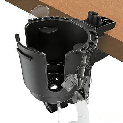 2-in-1 Desk Cup Holder Clamp with Headphone Hanger for 8-28oz Cups | Holds 8-28oz drinks on 0.5-1.5" flat-edged desks. Features anti-slip pads and cable slots.