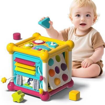12-in-1 Baby Activity Cube, Montessori Toy with Music for 6-12 Month | 6 Sides, 12 Activities for 1 Year Old; Piano Gears Pop-ups & Shape Blocks. Educational Sensory Cube for Babies