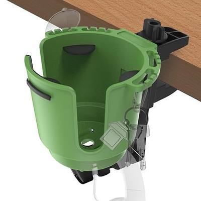 2-in-1 Desk Cup Holder Clamp with Headphone Hanger for 8-28oz Cups | Holds 8-28oz drinks on 0.5-1.5" flat-edged desks. Features anti-slip pads and cable slots.