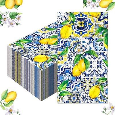 40PCS Capri Lemon Paper Napkins Tiles Lemons Guest Party Napkins Disposable Royal Blue and White Mediterranean Lemon Decorative Hand Napkins for Positano Lemons Holiday Party Decorations 4.3" x 7.9"