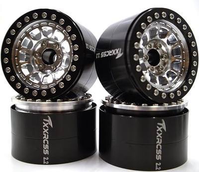 RC 2.2 Aluminum Alloy Beadlock Wheels and Tires Upgrades Accessories Rims for 1/10 SCX10 TRX4RC4WD and D90 RC Crawler Axial Remote Control Car (4pc) (Black Silver)