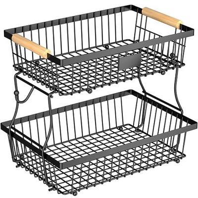 2 Tier Fruit Basket for Kitchen Counter with 2 Banana Hangers, Countertop Metal Bread Basket with Wooden Handle, Large Storage Stand for Vegetables, Snacks, Eggs, Produce Storage – Black