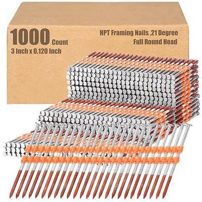 Therwen 1000 Count 21 Degree Framing Nails Full Round Head Collated Framing Ring Shank Hot Dipped Galvanized Nails Plastic Row Fixed for All Pressure Treated Lumber (3 Inch X 0.120 Inch)