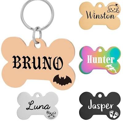 Personalized Pattern Cat and Dog ID Tags,Lovely pet Dog Tags Engraved,Customize Tags for Small Pets and Large Dogs.9 Shapes of Double-Sided Laser Engraved Stainless Steel Dog Tags (Bone)