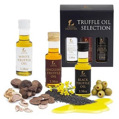 TruffleHunter Truffle Oil Selection, 3×3.8oz – English Truffle Oil, White Truffle Oil & Black Truffle Oil Made with Real Truffles and Olive Oils | Gourmet Truffle Set | Truffle Variety Pack Gift Box