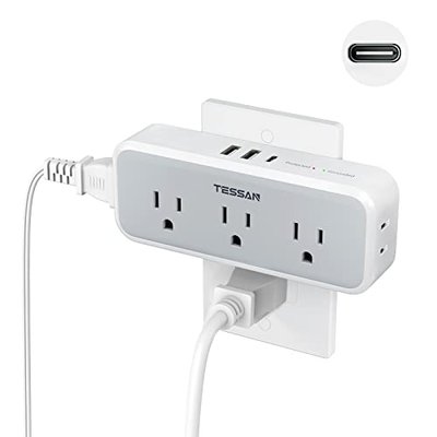TESSAN Multi Plug Outlet Extender, USB C Wall Charger, Surge Protector,Grey