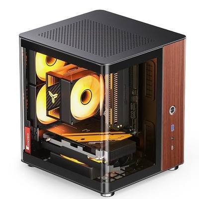 JONSBO TK-0 Black ITX Mini Tower PC Case, Hyperboloid Glass Desktop Design,Separated Cabinet Structure, Al Alloy Shell DTX/ITX Walnut Wood Computer Case, Sff Case,Black