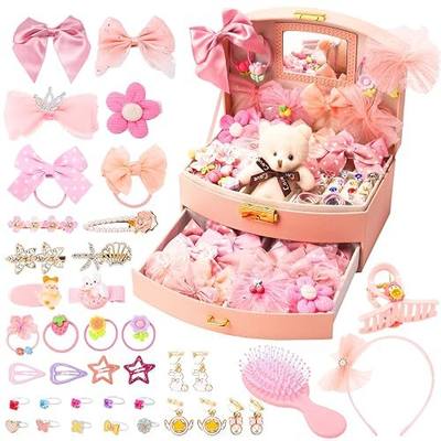 Jewelry Box with Hair Accessories - Girls Dress Up Kit with Rings, Hair Clips, Ties, Barrettes, Bows - Gift Toys for Girls Age 3-10