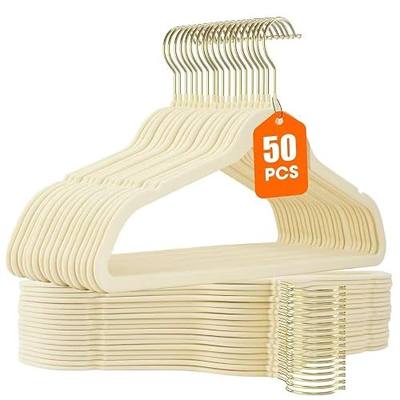 50 Pack Beige Velvet Hangers,Non Slip,Heavy-Duty,Slim,Space Saving,with Felt Surface and Gold 360°Swivel Hook,for Pants,Outfit,Skirts,Suits,Coats,Dresses ect.
