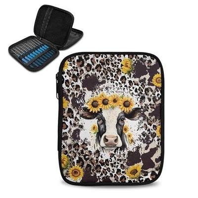 Kathyboom Cowhide Sunflower Empty Crochet Hook Case - Crochet Hook Organizer Case Crochet Hook Holder for Knitting & Crochet Supplies, Crochet Needles, Crochet Accessories