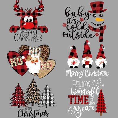 6PCS Christmas Iron On Transfers for T Shirts, Black Red Plaid Heat Transfer, Reindeer Christmas Tree Snowman Vinyl Designs for T-Shirts, Clothing, Backpack, DIY Decorations