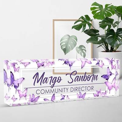 Name Plate for Desk - Custom Desk Name Plate Personalized Gifts for Coworkers, Boss, Teacher, Nurse - Employee Appreciation Gifts, Office Gifts Desk Decorations for Women or Men (Purple Butterfly)