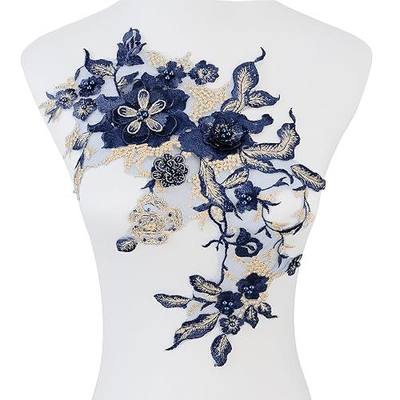 Silvora Colorful Flower Fabric Beaded Lace Applique,3D Embroidered Flower Fabric Patch for Bridal Dress, Handmade Sewing Tool for Wedding DIY Crafts(Blue-3)