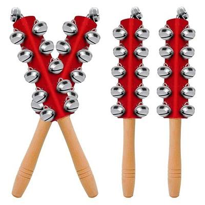 4 Pcs Christmas Sleigh Bells Wooden Handle Jingle Bells Instrument Musical Hand Bell Shaker Rattle Musical Percussion Instrument for Xmas Holiday Party (Red)