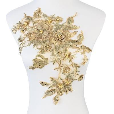 Silvora Colorful Flower Fabric Beaded Lace Applique,3D Embroidered Flower Fabric Patch for Bridal Dress, Handmade Sewing Tool for Wedding DIY Crafts(Gold-1)