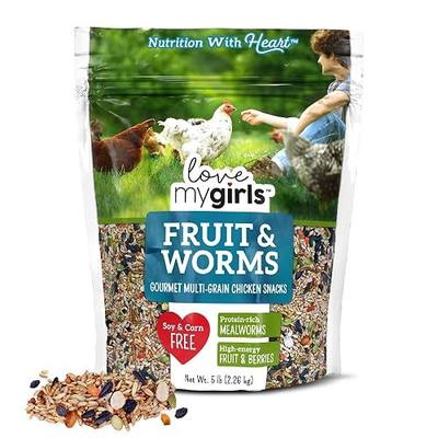 Love My Girls 5lb Chicken Snacks - Gourmet Fruit & Mealworms Bird Treats | Corn-Free Multi-Grain Mix with Dried Papaya, Raisins, and Cranberries. NutriThrive Vitamin Enriched Protein Supplement