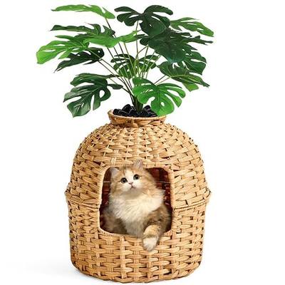 SETVSON Cat Litter Box Plant Furniture Enclosure, Rattan PE House, Natural | Decorative Planter Design, Removable Top for Easy Cleaning, Includes Artificial Plants, Real Stones, 20 x 20 Inches