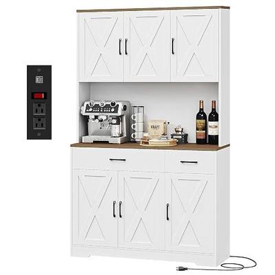HOSTACK 71"H Kitchen Pantry Storage Cabinet, Farmhouse Hutch Cabinet, White | Space-Saving Pantry Cabinet with Charging Station & 2 Large Drawers & Adjustable Shelves, Tall Kitchen Hutch for Dining Room
