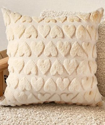 Kokaaee 18x18 Throw Pillow Cover - Fluffy Plush Decorative Pillow Cover with Zipper Aesthetic Cute Design Soft Cozy Throw Pillowcase for Living Room Couch Sofa Bed, Beige Heart