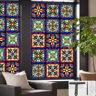 Window UV Protection Privacy Film:Non-Adhesive Static Cling Decorative Window Film with Installation Tools,Stained Glass Window Film for Kitchen,Study,Bathroom,and Shower Doors,17.7 x 39.4 inches.