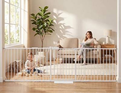 Extra Wide Baby Gate 86.3-105 Inch, Pressure Mounted Pet Gates No Drilling for Stairs & Doorways, Metal White Indoor Safety Gate for Kids and Dogs