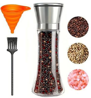 Pepper Grinder Salt Grinder, 8inch Stainless Steel Pepper Mill w/Adjustable Coarseness, Refillable Salt with Funnel, Cleaning Brush, Manual Pepper Grinder for Black Peppercorn