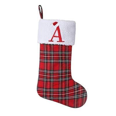 20" Personalized Red Plaid Christmas Stocking,Embroidered Letter A | Red plaid Christmas stocking ,polar fleece cuff w/red embroidered initial,Holiday Fireplace Decor for Xmas Party,Festive Gift